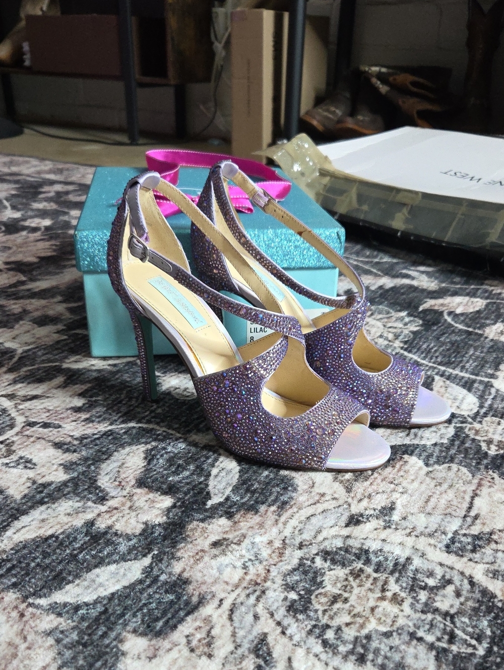 Betsey Johnson Lilac Crystal Embellished Peep-Toe Slingback Heels